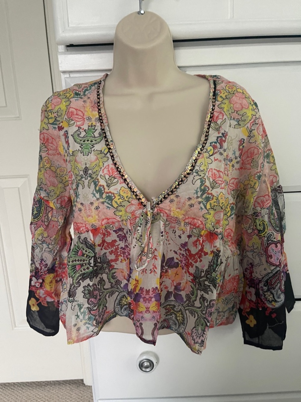 NATURAL LIFE Pastel Floral Beaded Trim Top - Pink Green Yellow Blue